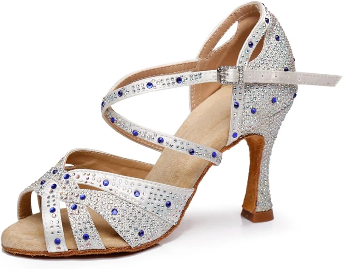 Women's Sparkle Rhinestones Peep Toe Satin Ballroom Modern Tango Party Wedding Performence Professional Dance Shoes