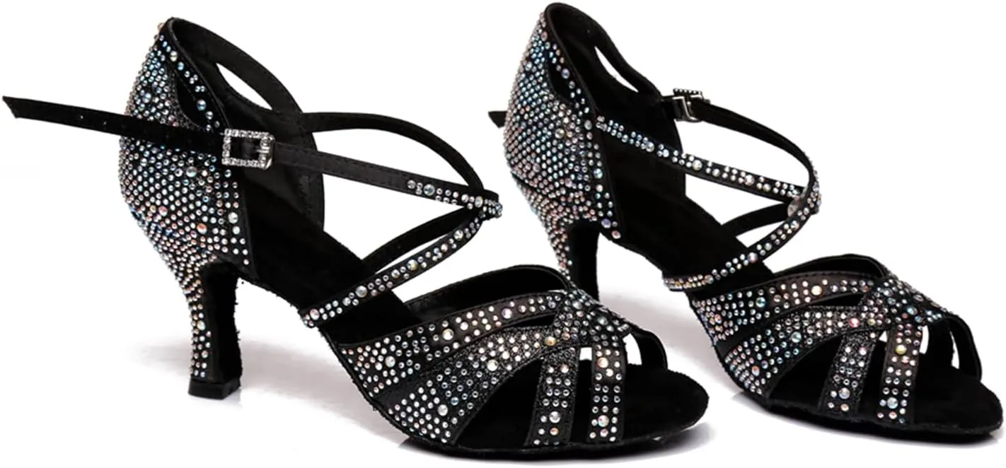 Women's Sparkle Rhinestones Peep Toe Satin Ballroom Modern Tango Party Wedding Performence Professional Dance Shoes