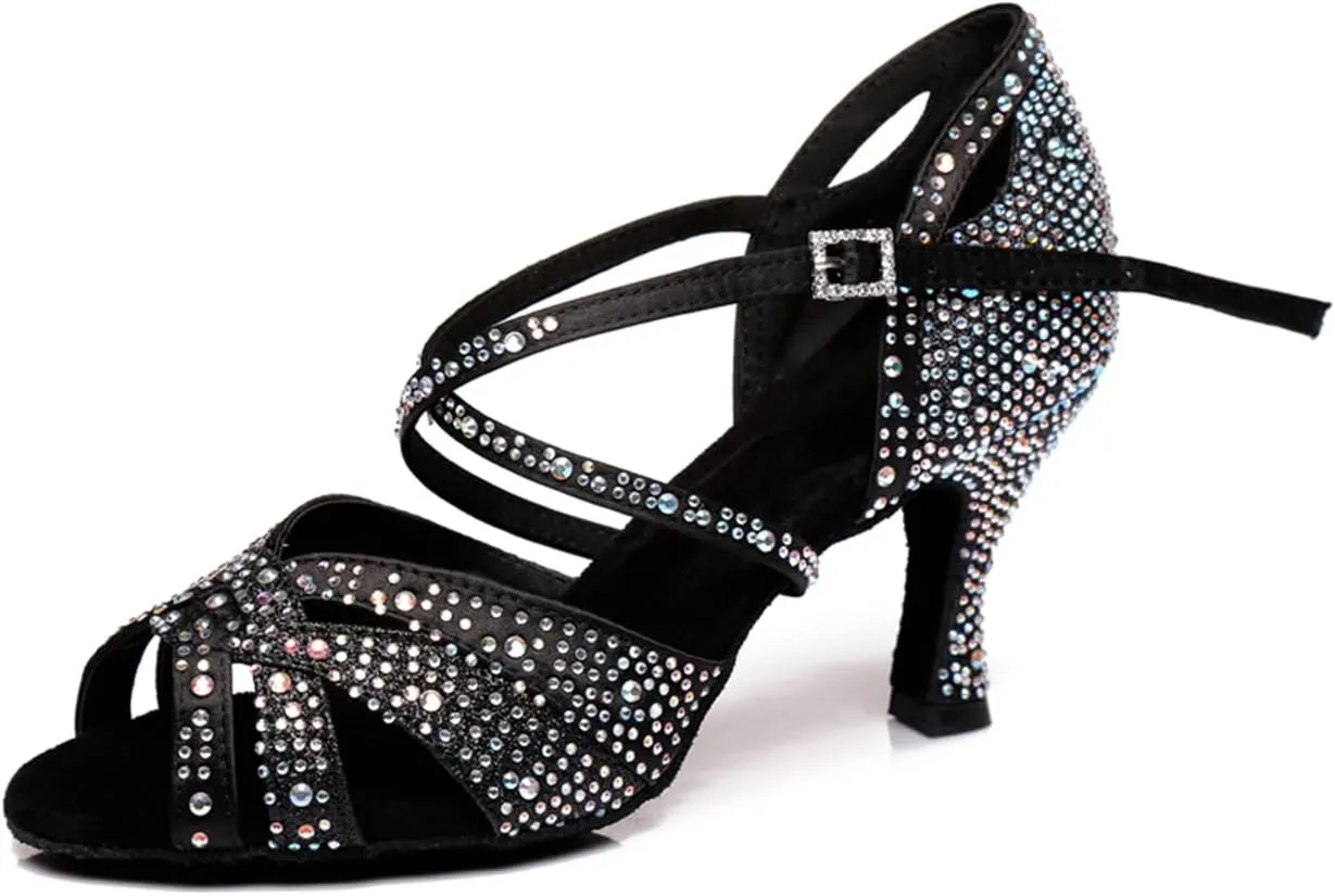 Women's Sparkle Rhinestones Peep Toe Satin Ballroom Modern Tango Party Wedding Performence Professional Dance Shoes