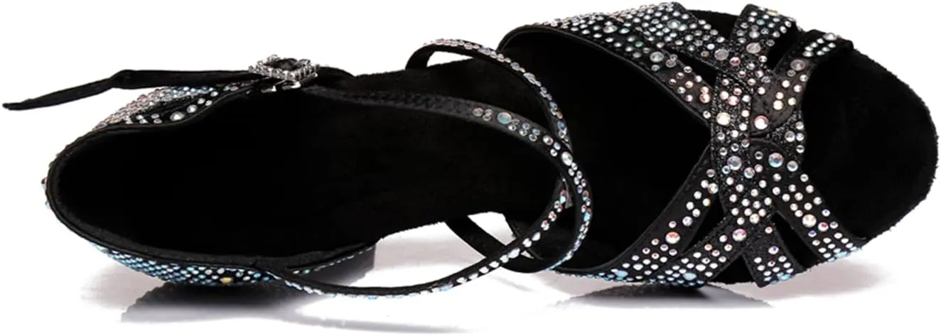 Women's Sparkle Rhinestones Peep Toe Satin Ballroom Modern Tango Party Wedding Performence Professional Dance Shoes