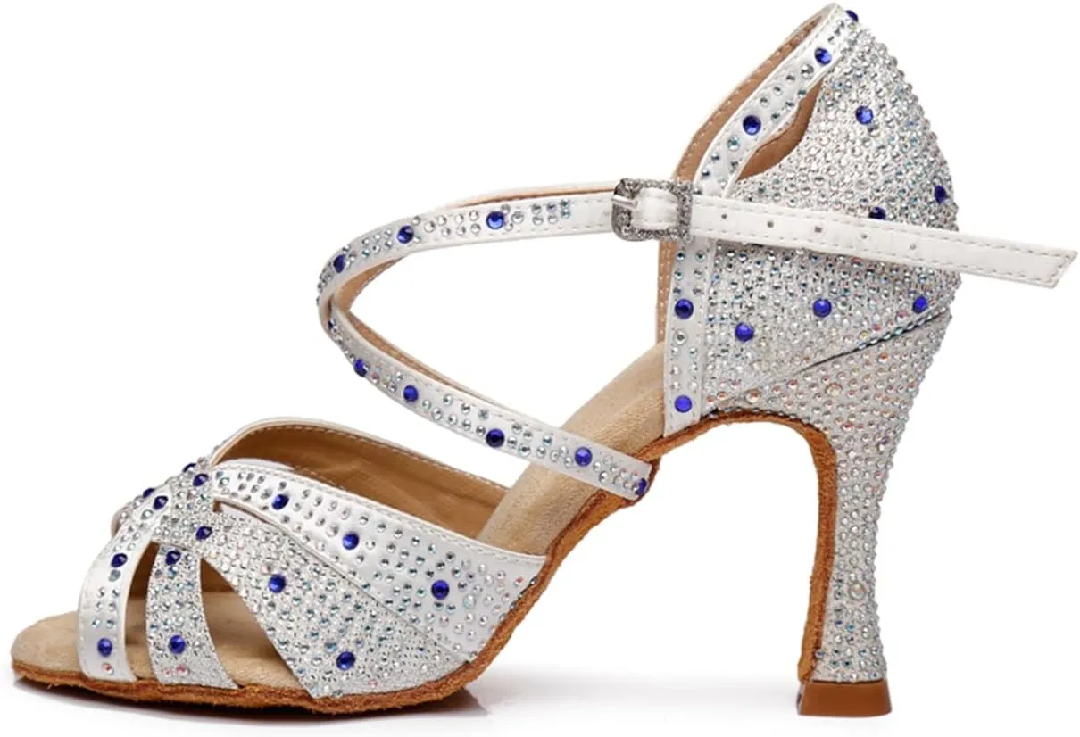 Women's Sparkle Rhinestones Peep Toe Satin Ballroom Modern Tango Party Wedding Performence Professional Dance Shoes