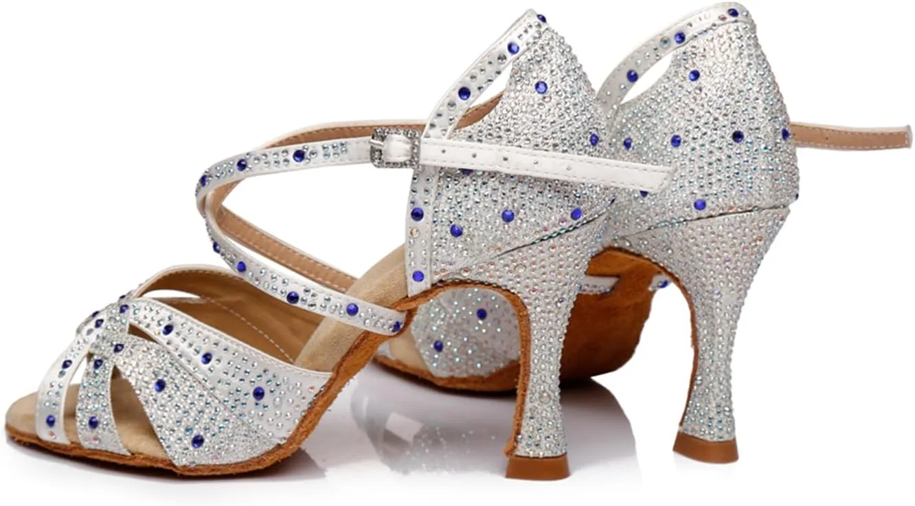 Women's Sparkle Rhinestones Peep Toe Satin Ballroom Modern Tango Party Wedding Performence Professional Dance Shoes