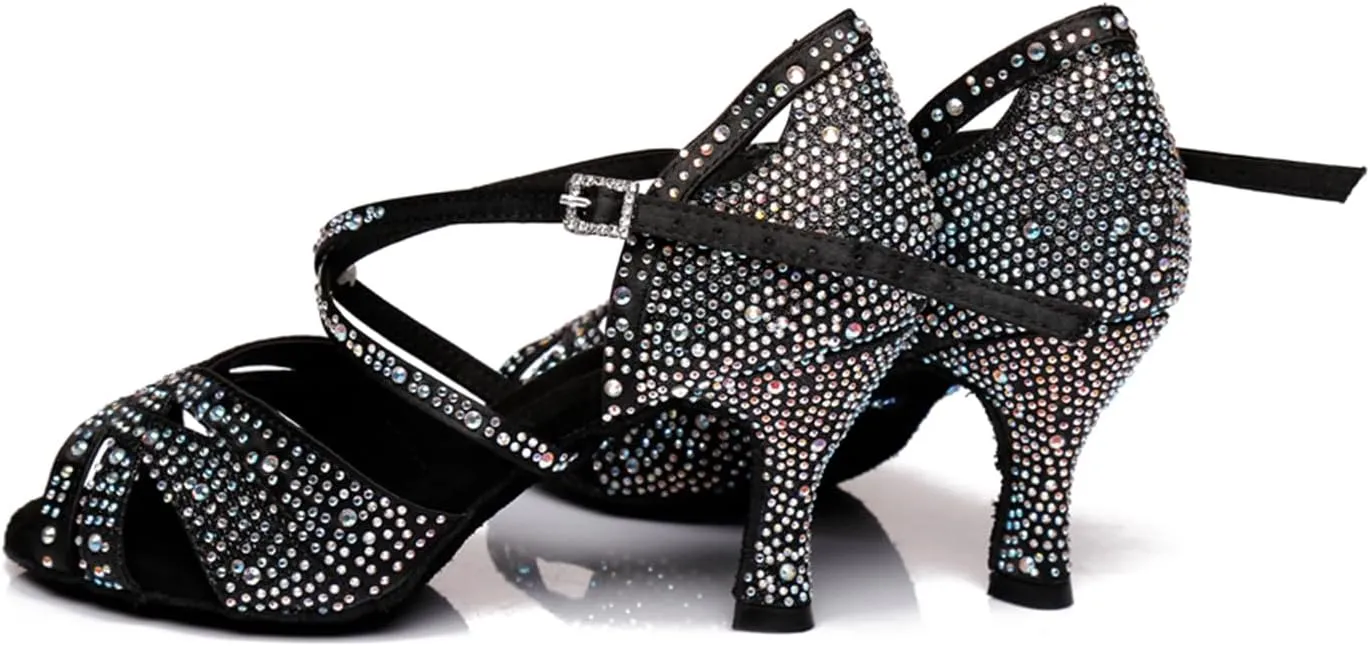 Women's Sparkle Rhinestones Peep Toe Satin Ballroom Modern Tango Party Wedding Performence Professional Dance Shoes