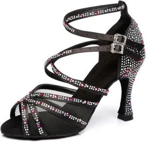 Women's Stylish Sparkle Rhinestones Peep Toe Satin Ballroom Jazz Party Wedding Practice Dance Shoes Black US 9.5