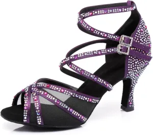 Women's Stylish Sparkle Rhinestones Peep Toe Satin Ballroom Jazz Party Wedding Practice Dance Shoes Purple US 5