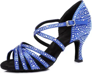 Women's Stylish Sparkle Rhinestones Peep Toe Satin Ballroom Jazz Party Wedding Practice Professional Dance Shoes Blue US 4