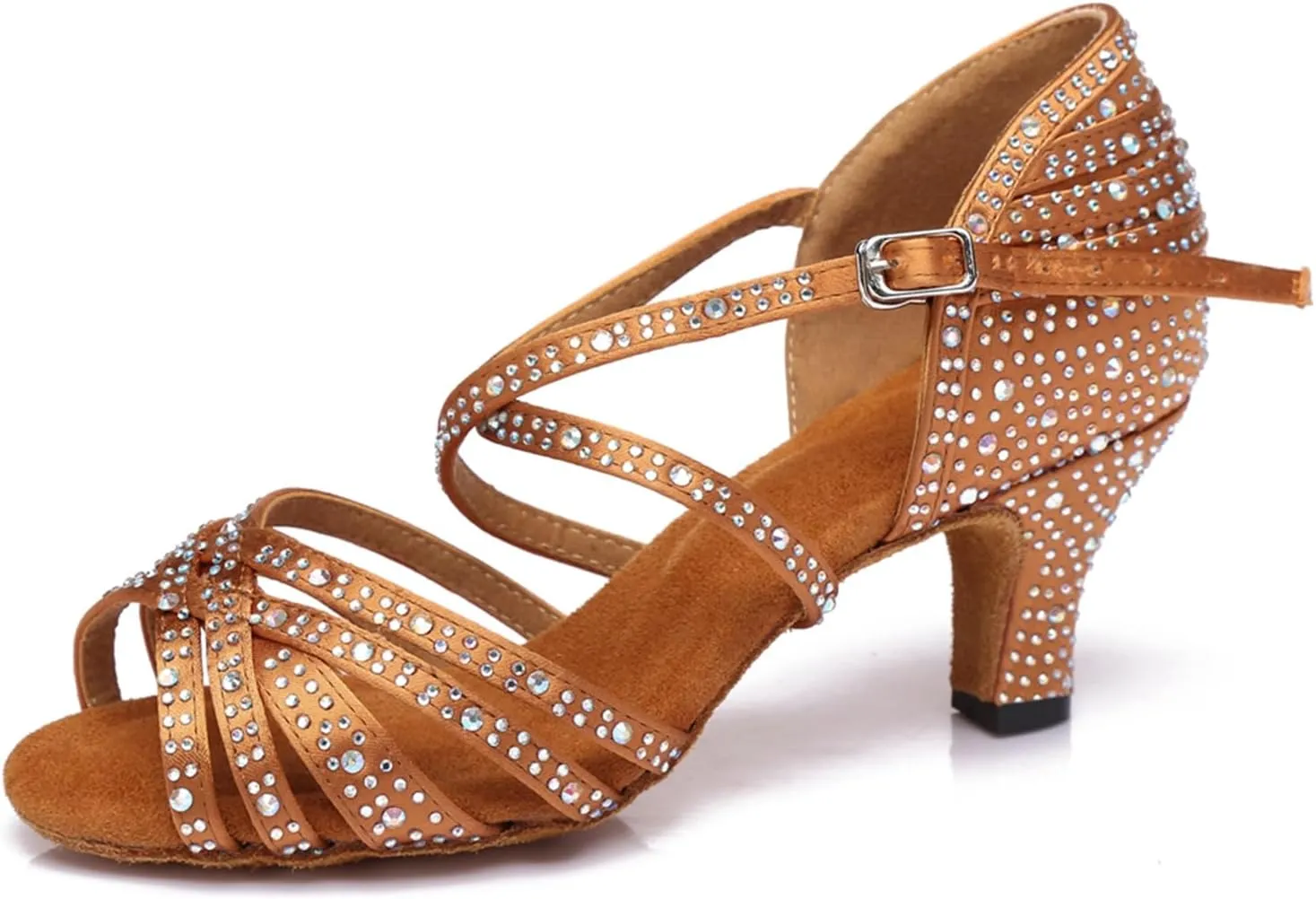 Women's Stylish Sparkle Rhinestones Peep Toe Satin Ballroom Jazz Party Wedding Practice Professional Dance Shoes Bronze US 6.5