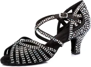Women's Stylish Sparkle Rhinestones Peep Toe Satin Ballroom Jazz Tango Modern Party Wedding Professional Dance Shoes Black US 10