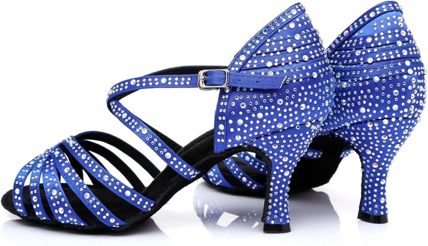Women's Stylish Sparkle Rhinestones Peep Toe Satin Ballroom Modern Tango Party Wedding Professional Dance Shoes