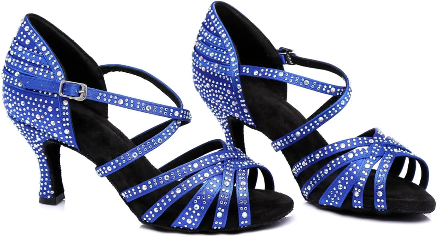 Women's Stylish Sparkle Rhinestones Peep Toe Satin Ballroom Modern Tango Party Wedding Professional Dance Shoes