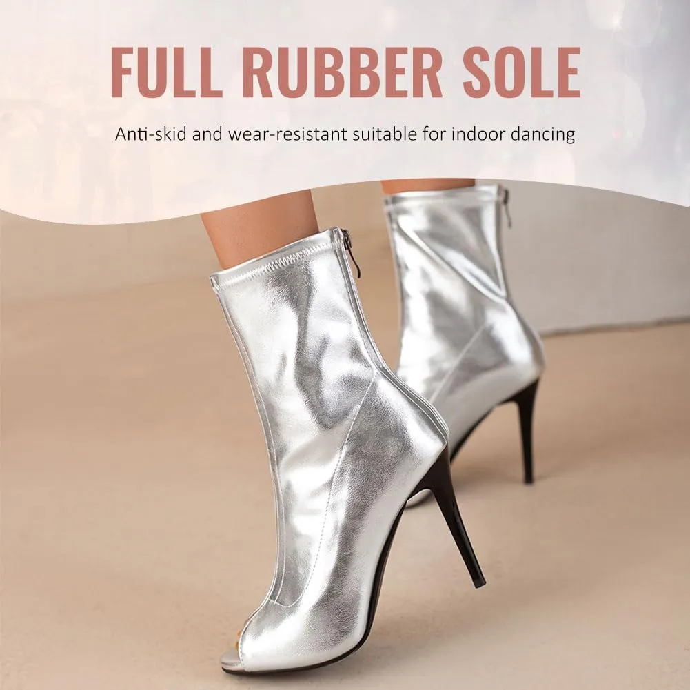 YKXLM Latin Salsa Ballroom Dance Shoes for Women with Zipper Ankle Open Toe Dancing Boots