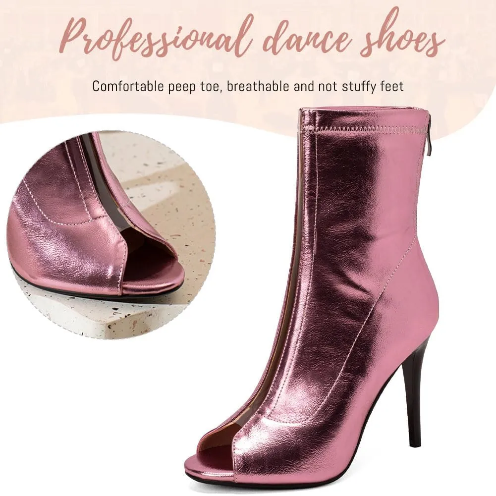 YKXLM Latin Salsa Ballroom Dance Shoes for Women with Zipper Ankle Open Toe Dancing Boots