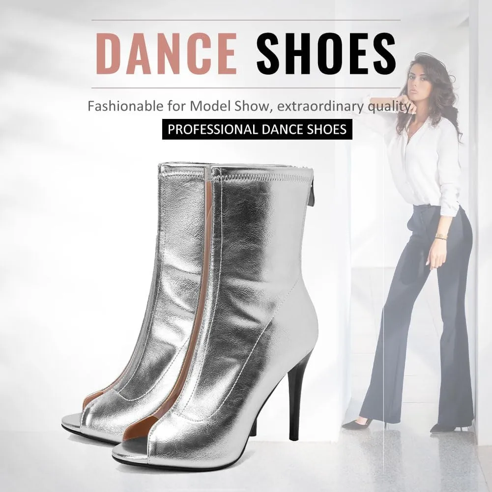 YKXLM Latin Salsa Ballroom Dance Shoes for Women with Zipper Ankle Open Toe Dancing Boots