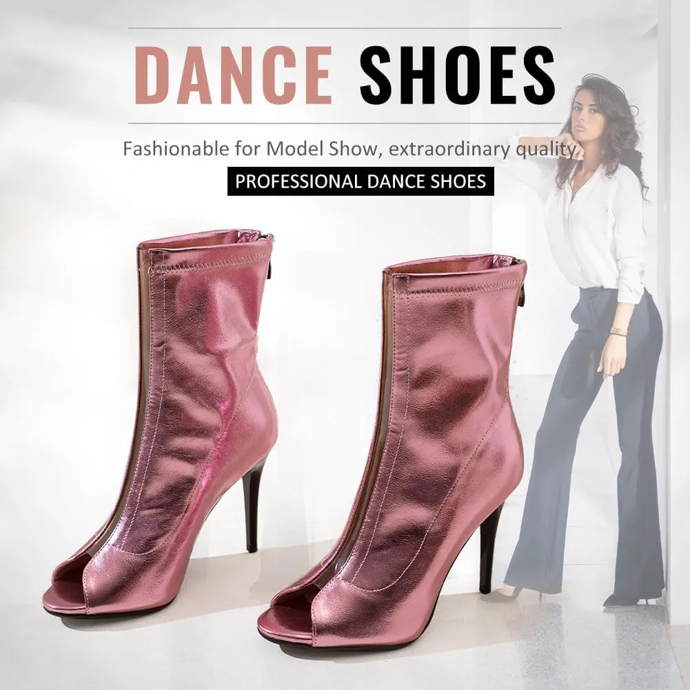 YKXLM Latin Salsa Ballroom Dance Shoes for Women with Zipper Ankle Open Toe Dancing Boots